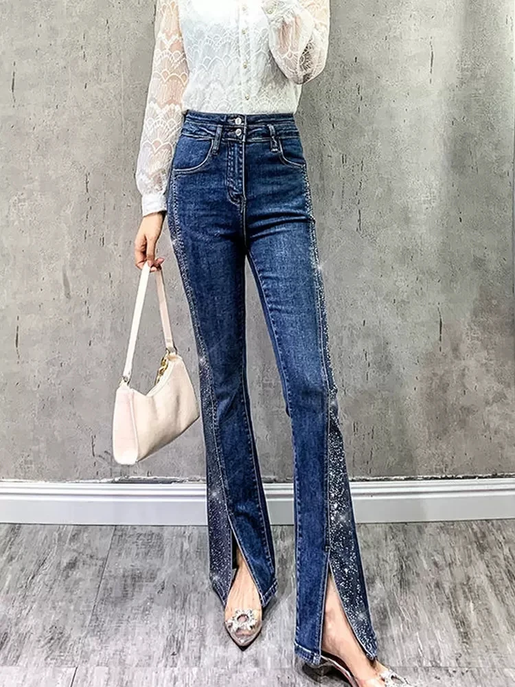 

Vintage Boyfriend Women Flared Jeans Woman High Waist Wide Leg Pants Stretch Fashion Tight Hot Drill Denim Trousers for Female