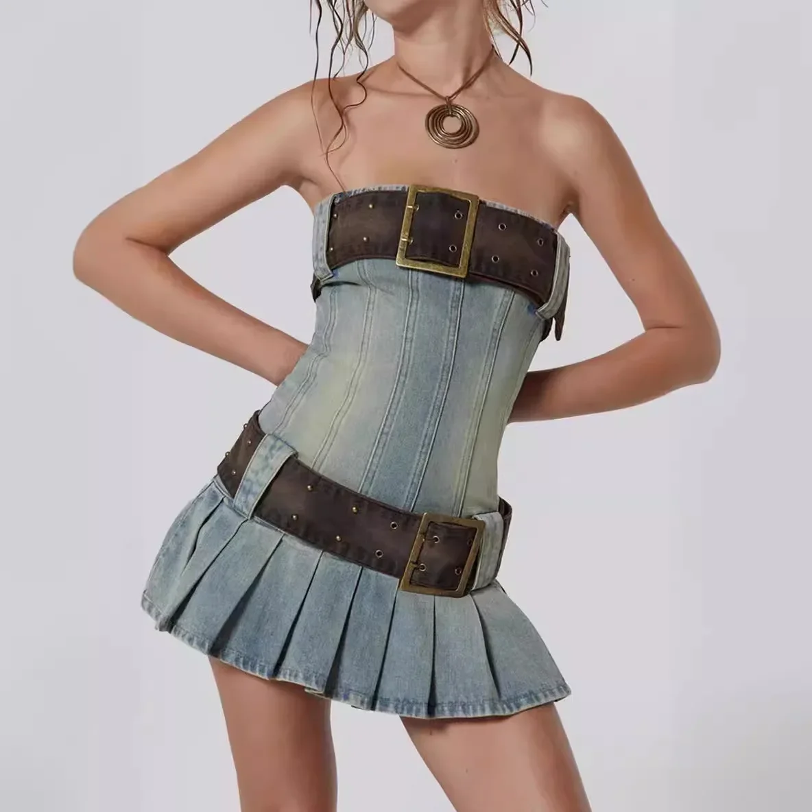 Женское джинсовое платье без пояса винтажное с широким съемным поясом модное