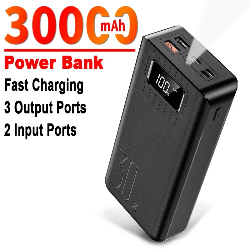 

NEW2023 30000mAh One-way Fast Charging Power Bank Portable Digital Display Outdoor External Battery with Flashlight for Xiaomi I
