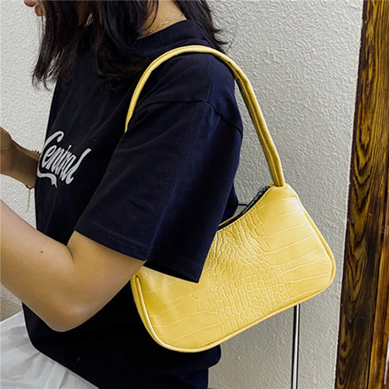 

Retro PU Leather Soft Ladies Small Shoulder Bags Fashion Crocodile Pattern Women Baguette Purse Handbags Girls Mini Armpit
