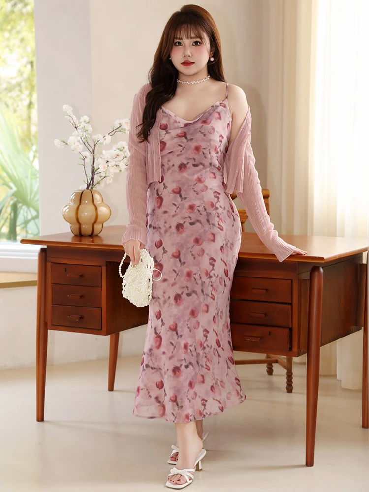 Женское шифоновое платье-годе на бретелях розовое платье большого размера с