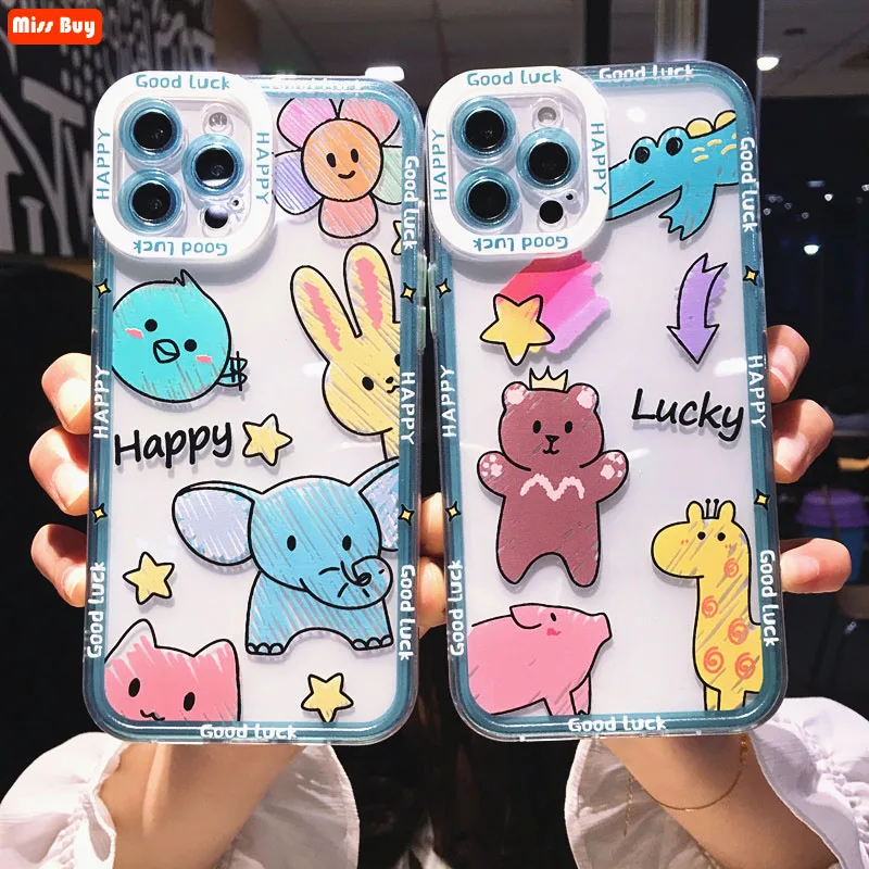 

Cartoom Bear Elephant Transparent Phone Cases for iPhone 13 12 11 Pro max Mini X XR XS Max 7 8 Plus SE 2020 Cover Slim Luxury