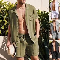 men solid color loose suit summer short sleeved single breasted cardigan turn down collar shirt mid waist straight shorts suit