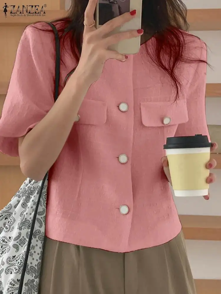 

Женский блейзер с круглым вырезом ZANZEA, винтажная однотонная верхняя одежда с коротким рукавом, модная универсальная летняя куртка с карман...