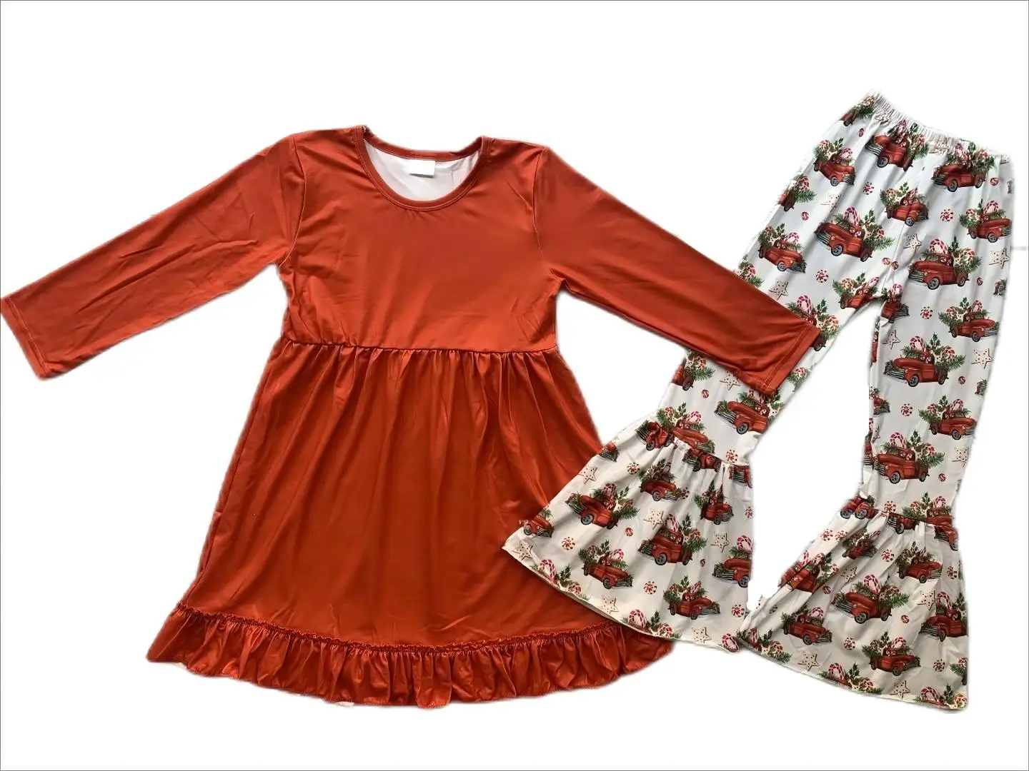 

Новый Рождественский дизайн, комплекты одежды для маленьких девочек, однотонный красный топ с длинным рукавом и юбка автомобиля, детская од...