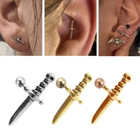 1pc dagger ear stud earring stainless steel punk cartilage piercing sword helix conch lobe tragus for men women body jewelry 16g