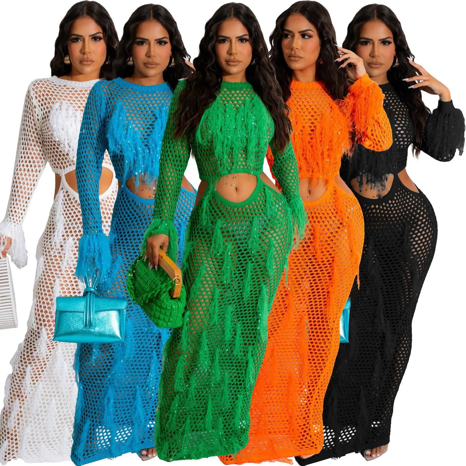 

Sexy Women Knitted Maxi Tassels Dress Long Sleeve Crochet Cover Ups Waist Cutout Long Dress Summer Hollow Out Beach Swimwear