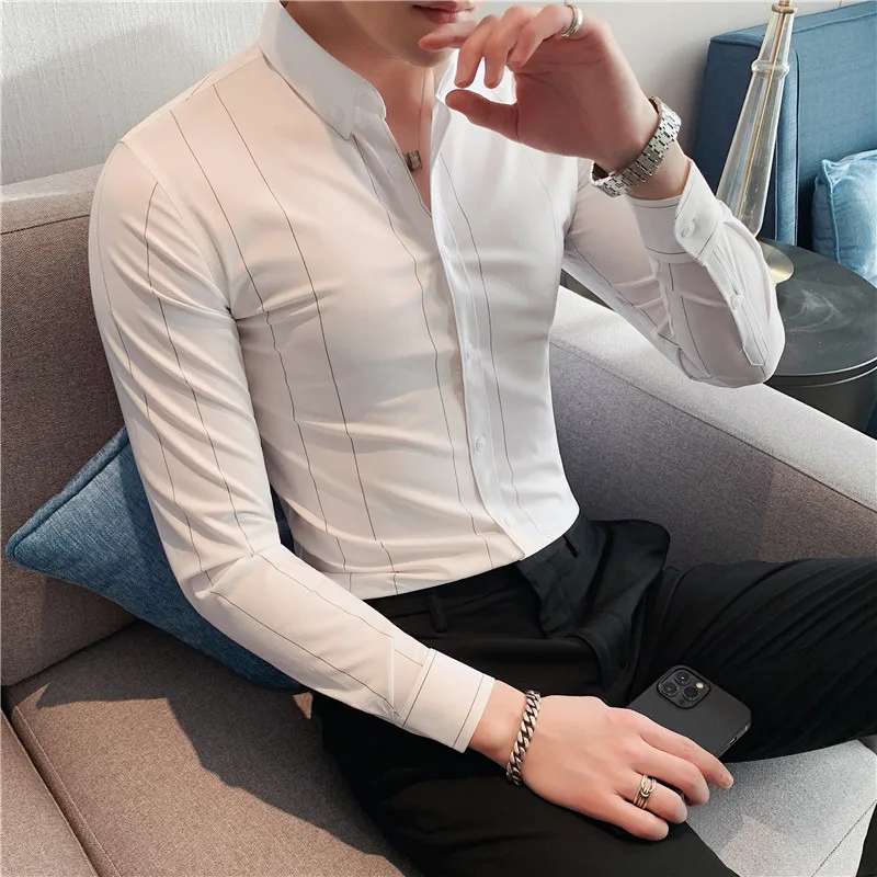 

2022 Autumn Stripe Patchwork Formal Shirts for Men Slim Long Sleeve White Button Up Shirt Dress Business Office Camisas S-5XL