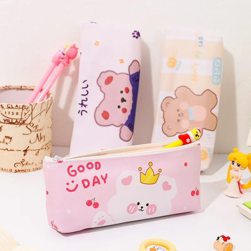 

Cartoon Bear Bunny Pencil Bag PU Leather Pencils Organizer Large Capacity Kawaii Stationery Storage Pouch School Supplies