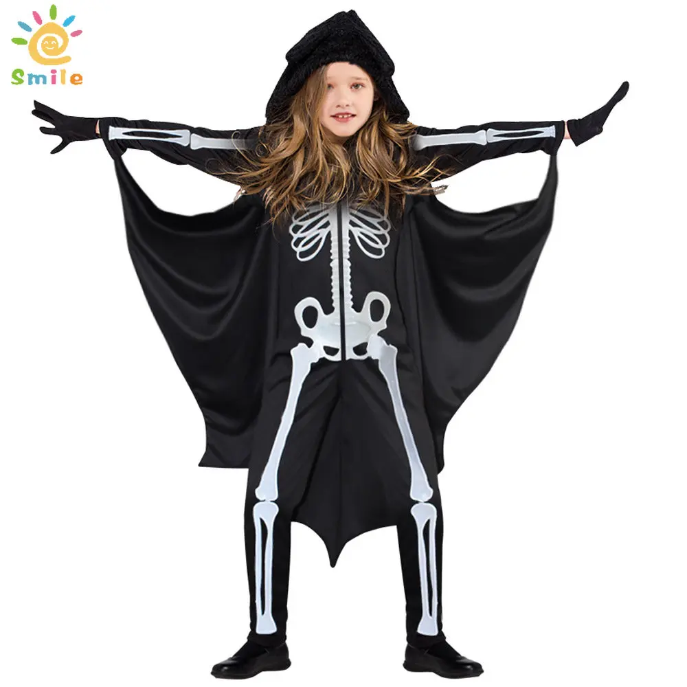 

2022 Halloween Children's Clothing Cloak Bat Cloak Witch Skeleton Cosplay Clothes Jumpsuit One Piece Kids Black Wing Hooded Sets