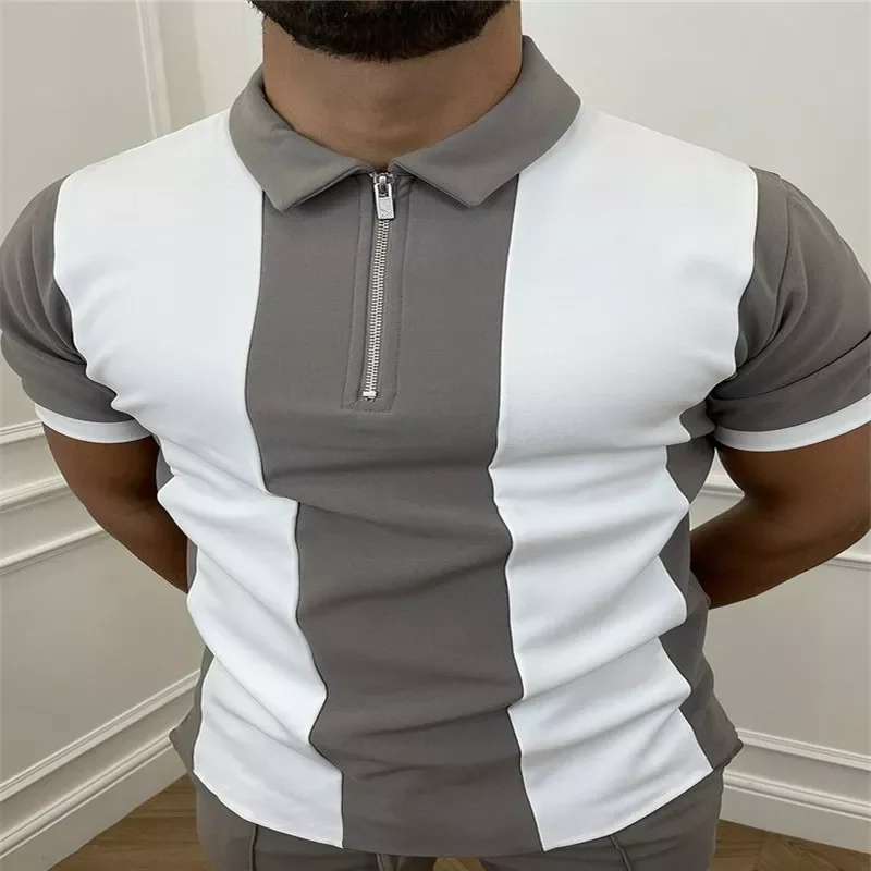 

Color Patchwork Men's Polo Shirts New Summer High Street Casual Polo Shirts Short Sleeves Men's Lapel Zip Polo Shirts For Men