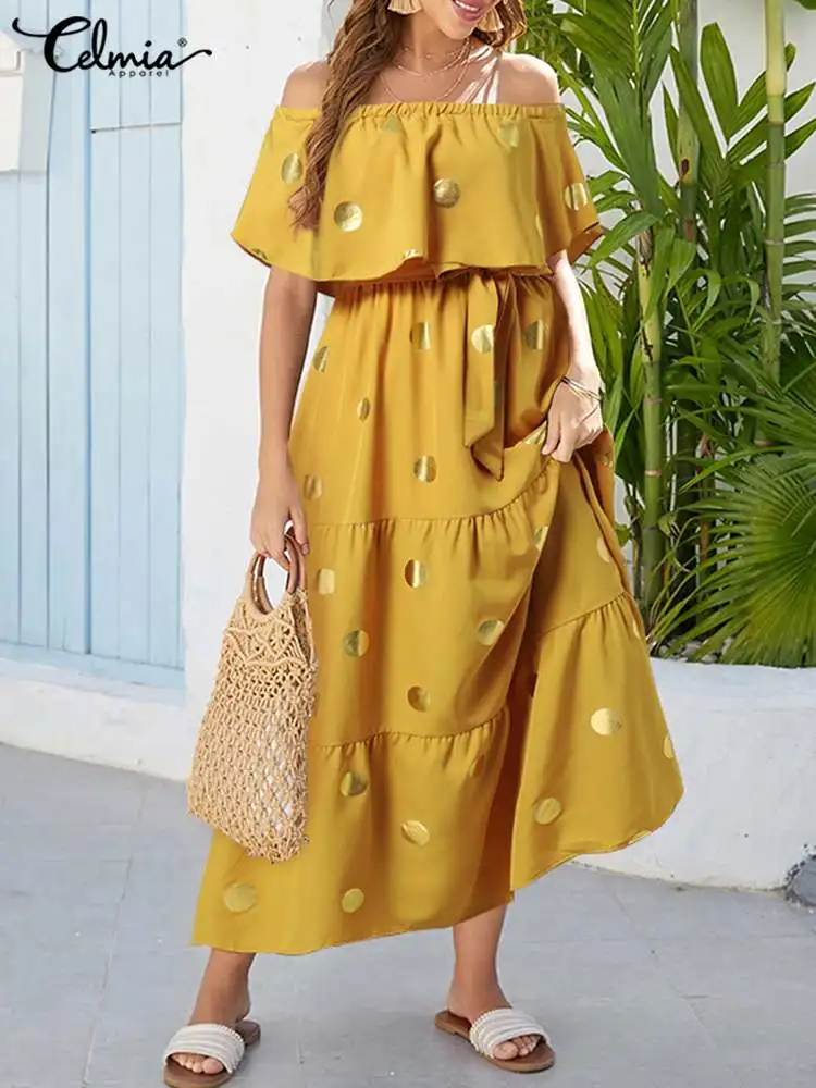 

2022 Summer Polka Dot Ruffle Party Maxi Sundress Women Holiday Off Shoulder Long Dress Celmia Casual Pleated Waist Belted Robe