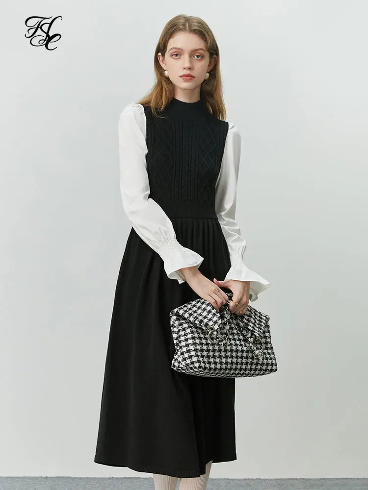 FSLE Patchwork Design Women Knitting X-LINE Skirts Winter New Round Neck Pullover Sweater Dress Fake Two-Piece Knit Panel Dress