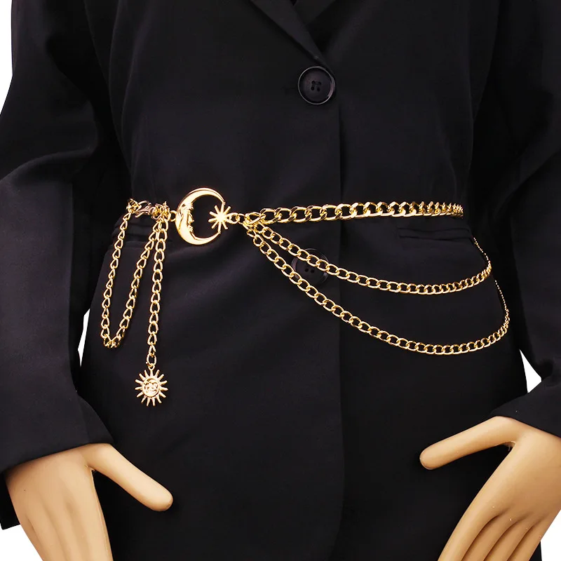 Women Waist Chain Belt for Dress Skirt Belts with Moon Star Body Waistbands Gold Silver Fashion Ladies Chain Cloth Accessories