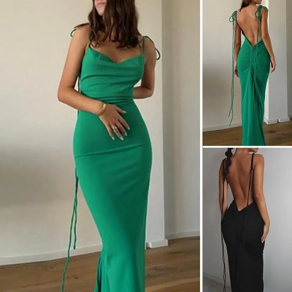 

Adjustable Spaghetti Straps Low Collar Maxi Dress Backless Ruched Hip Wrap Sexy Dress Club Wear