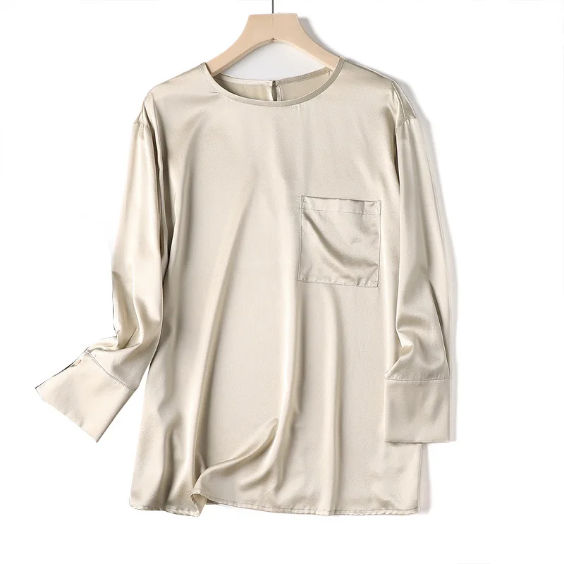 

Comfortable Light Luxury 22mm Heavy Silk Pocket Round Neck Blouse Women Early Autumn Brand New Women's Silk Shirt