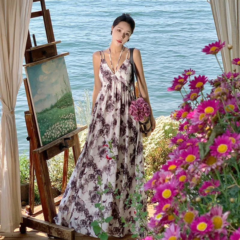 

2023 Strap Dress Summer New Beach Resort Style Elegant Fragmented V-Neck Open Back Free Shipping