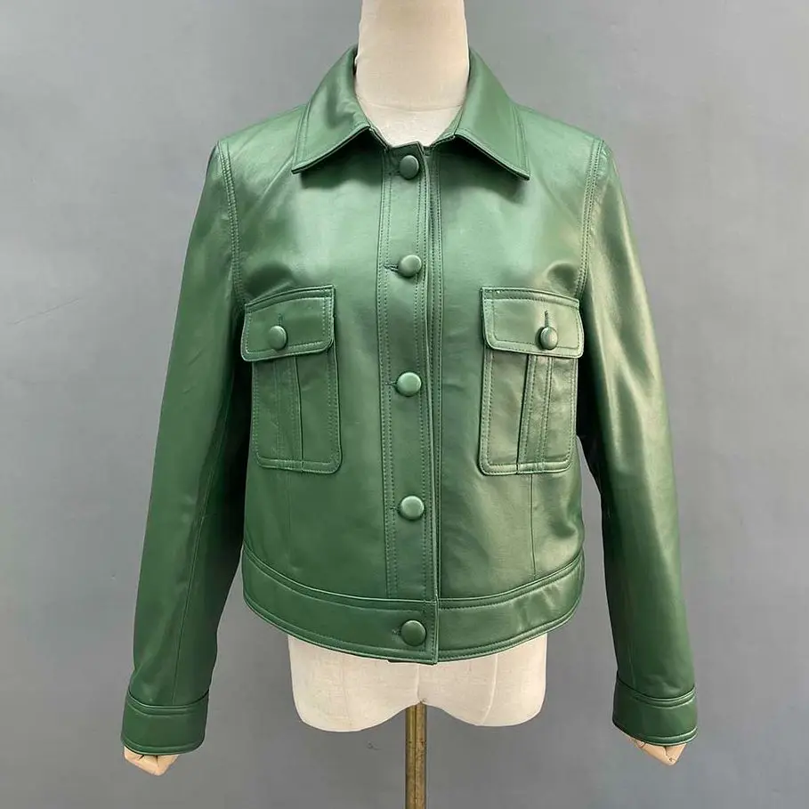 JANEFUR Leather Jacket Women 2023 New Short Single-Breasted Fashion Real Sheepskin Coat Chic Lady Blazer