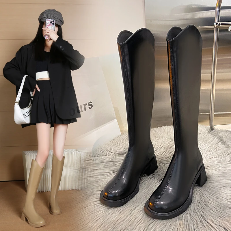 

Fashion Women Round Toe 5cm High Heels Knee High Boots Back Zipper Pu Leather Long Boots Winter Warm Fur Square Heels Long Boots