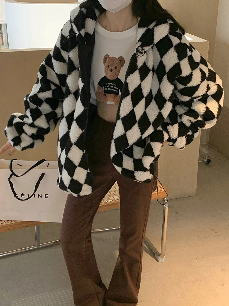 Lamb Cashmere High Collar Rhombic Color Matching Zipper Cotton Padded Coat Female Jacket Women Long Sleeve Tops Hoodies 858H