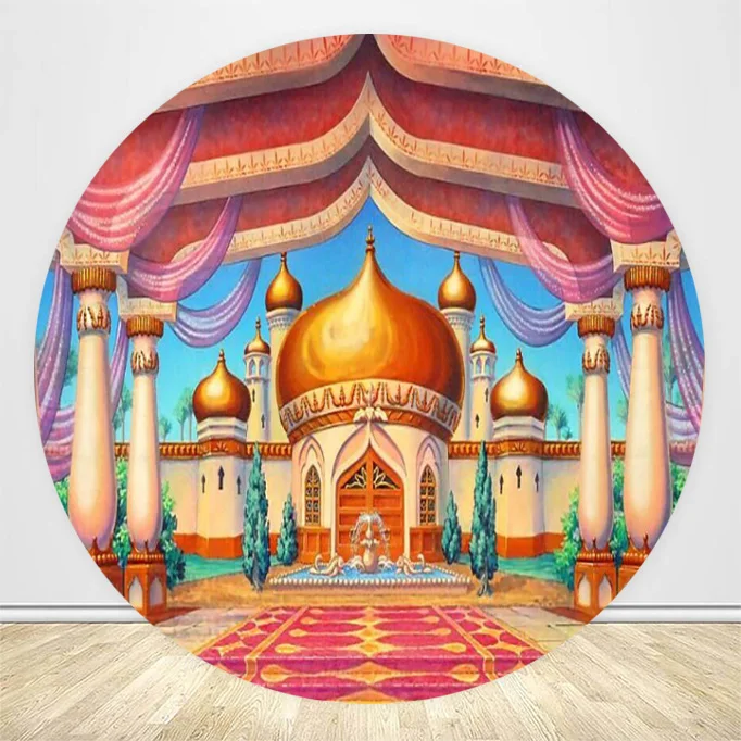 

Пользовательский мусульманский арабский золотой замок Дворец День Рождения Круглый фон для фотосъемки