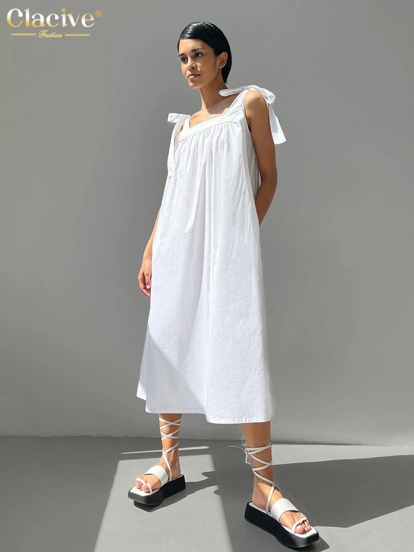 

Clacive Summer Square Collar White Dress Woman Casual Loose Sleeveless Lace-Up Midi Dresses Elegant Simple Female Dress