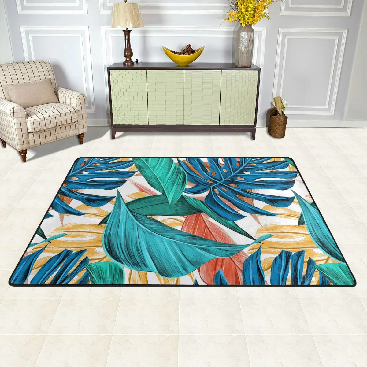 

Tropical Plant Leaves Flannel Carpet Large Area Rugs Modern Home Living Room Decoration Washable Floor Lounge Rug Creative Mat
