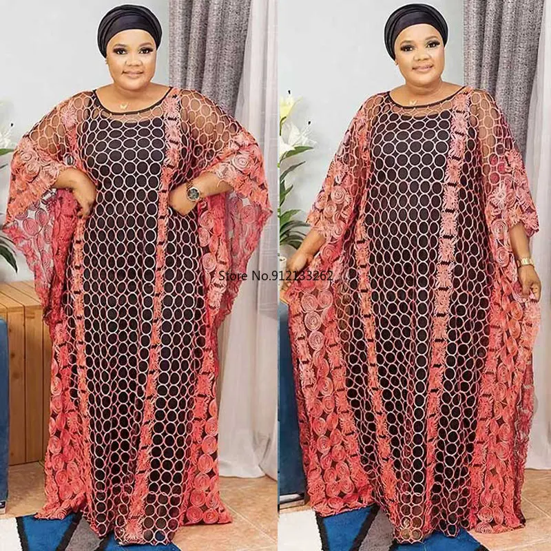 

African Mesh Dresses For Women Traditional Nigeria Clothes Boubou Two Piece Set Muslim Abayas Dashiki Robe Kaftan Long Dress