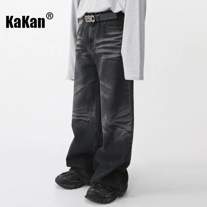 Kakan - New Korean Version Loose Fitting Wide Leg Jeans for Men, Youth Popular Blue Black Casual Jeans K50-045