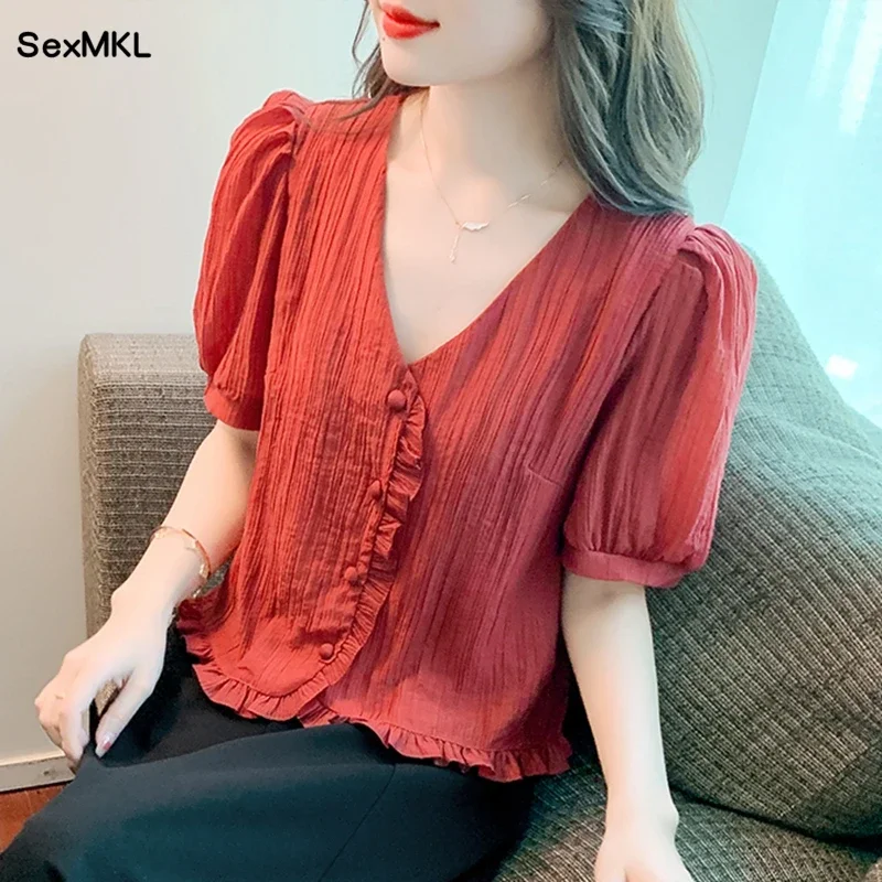 Модные шифоновые рубашки лето 2024 женские корейские топы с v-образным вырезом