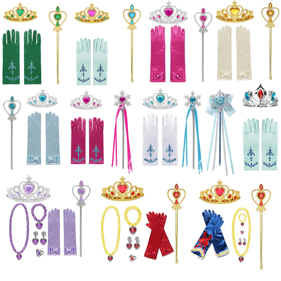 Frozen Elsa Anna Girls Princess Accessories Kids Magic Wand Crown Cosplay Snow White Rapunzel Tiara Gloves Party Supplies Sets