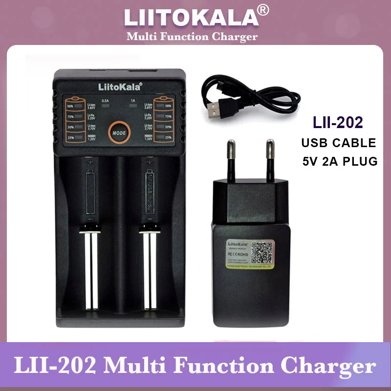 

Зарядное устройство Liitokala Lii-202 18650, 1,2 в, 3,7 в, 3,2 в, 3,85 В, AA, 26650, 10440, 14500, 16340, умное зарядное устройство для никель-металлогидридных и литий-ионных аккумуляторов с вилкой 5 В, 2 А