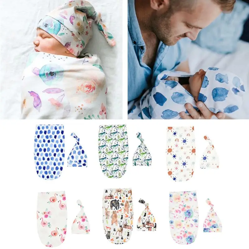 Newborn Blankets Infant Baby Boys Girls Sleeping Bag Swaddle Muslin Wrap+Hat Set  Baby Accessories Newborn Print Blanket