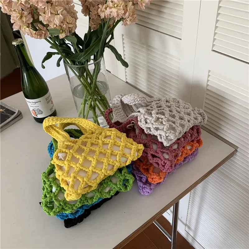 Cotton Woven Women's Bag Cacual Hand Bags for Female Lady's Small Bucket Bag Hollow Out Daily Mini Handbag