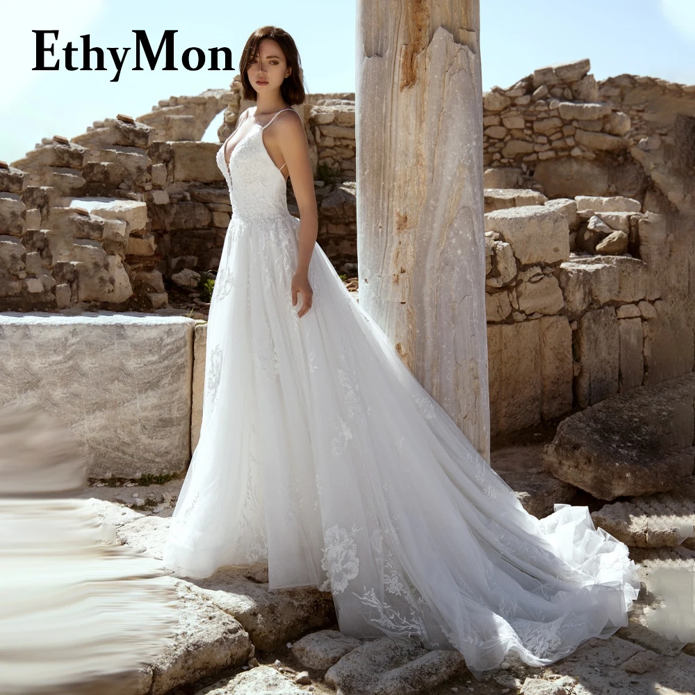 

Ethymon A-LINE Sweep Train Wedding Dresses For Women 2023 Bride Spaghetti Straps Backless Sleeveless Appliques Robe De Mariée