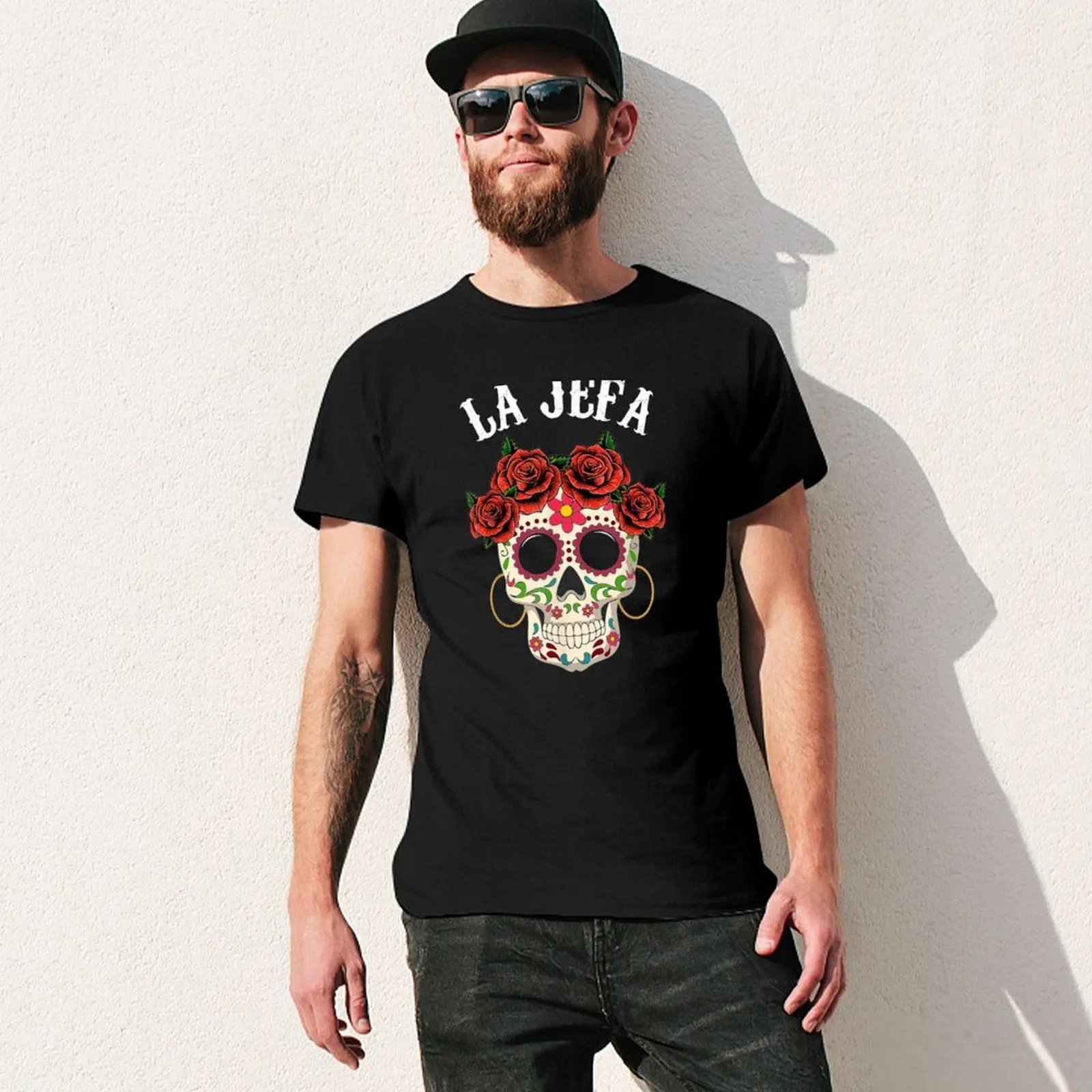 Фото Футболка La Jefa Sugar Skull Apparel в мексиканском стиле ко Дню мертвых, базовая однотонная футболка с коротким рукавом и круглым вырезом №3
