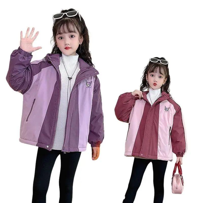 Куртки Sanrios Kuromi Kawaii осенняя одежда для девочек ветрозащитное утепленное пальто
