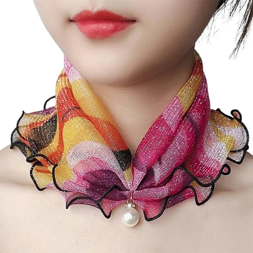 

women Scarf Painting Print Imitation Pearl Durable Ruffle Edge Lady Headscarf For Banquet