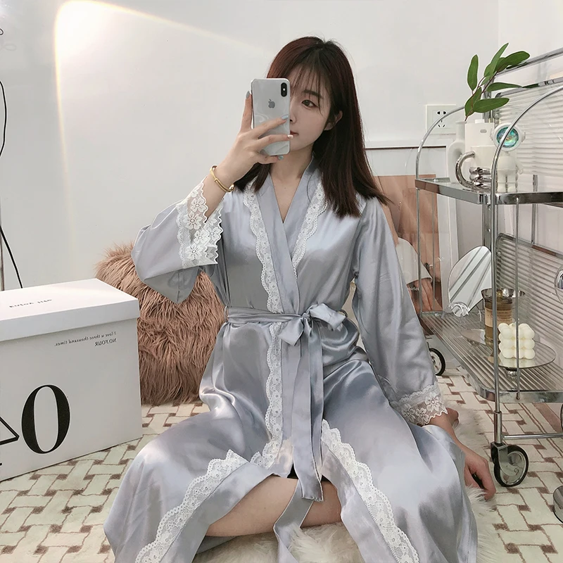 New spring and autumn women's nightgown home service women's ice silk mid-length bathrobe sexy lace silk nightgown with belt