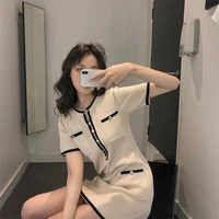 summer o neck short sleeve office lady dress apricot splice button knee length dresses women elegant slim knitting korean dress