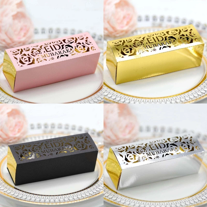 

50pcs Eid Mubarak Candy Box Hollow Rose Flower Castle Chocolate Gift Boxes Islamic Muslim Festival Happy Al-Fitr Event Party