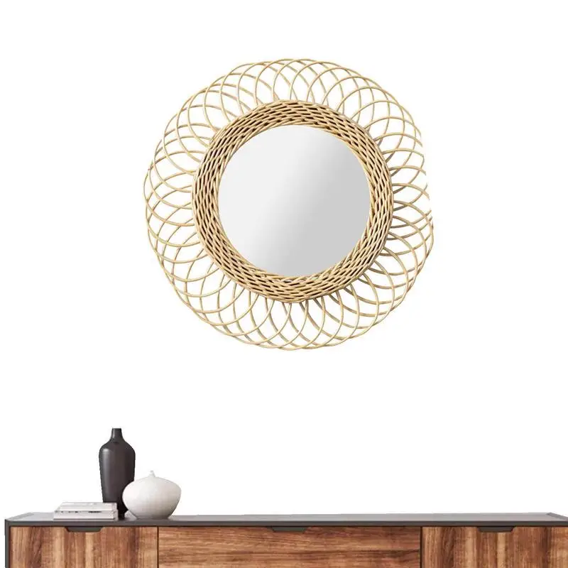 

Decorative Mirrors Rattan Art Round Makeup Mirror Dressing Bathroom Nordic Wall Hanging Mirrors For Home Decor