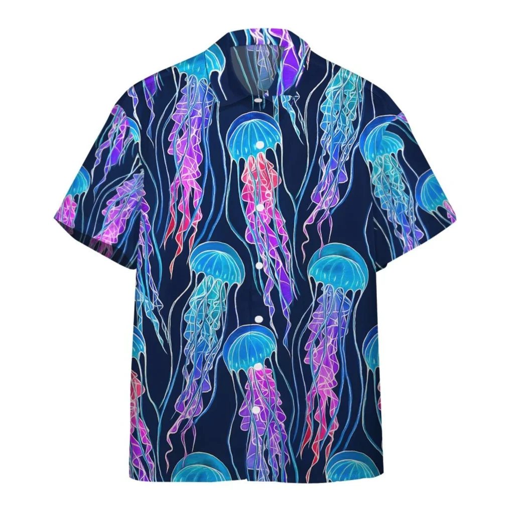 

Hot Sale Hawaiian Men's Shirts Jellyfish Paniting Colorful Top Plus Size Cool Emo Summer Beach Shorts Sleeve Tops