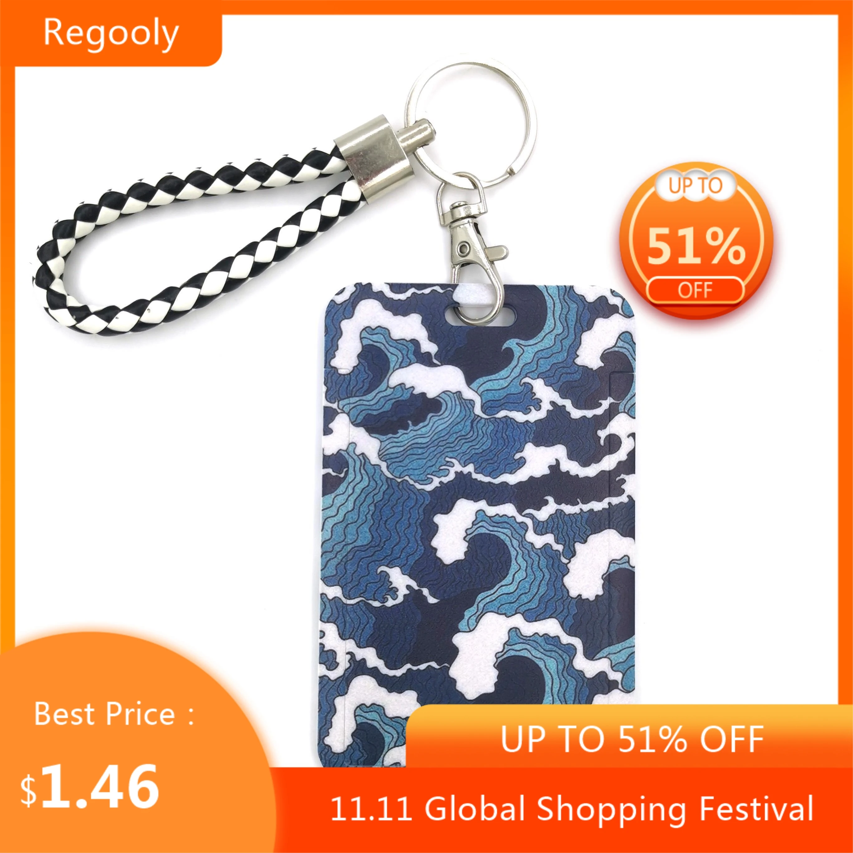

Kanagawa Hokusai Wave Cartoon Cute Credit Card Holder Lanyard Women Men Kid Badge Reel ID Name Bus Clips Card Badge Holder