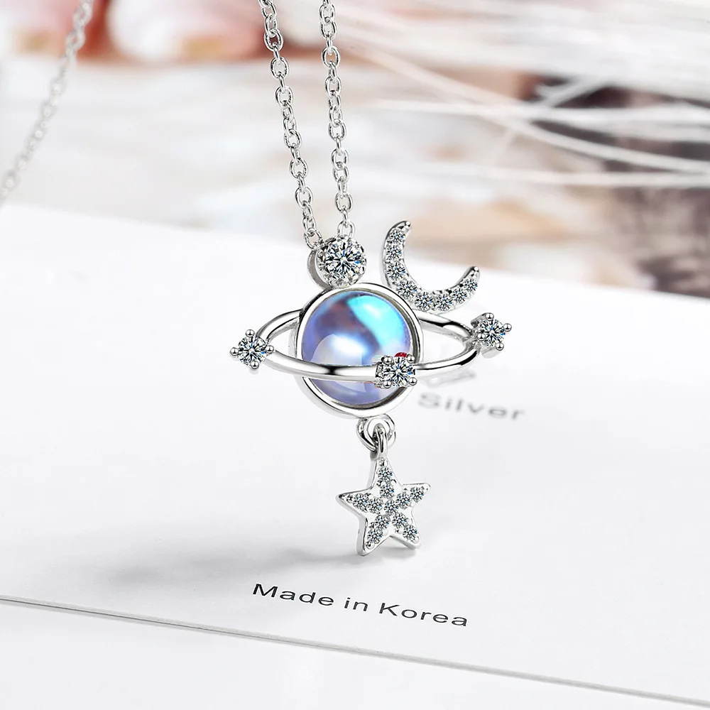 

Женская цепочка на шею из серебра 925 пробы, ожерелье на ключицу для женщин, цепочка с подвеской со звездами, Луной и кристаллами, ювелирные изделия