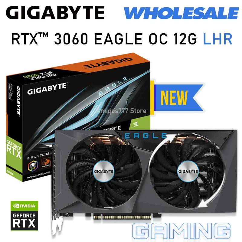 Видеокарта игровая GDDR6 Gigabyte GeForce RTX 3060 EAGLE OC 12G LHR с двойным вентилятором HDCP 15000 бит