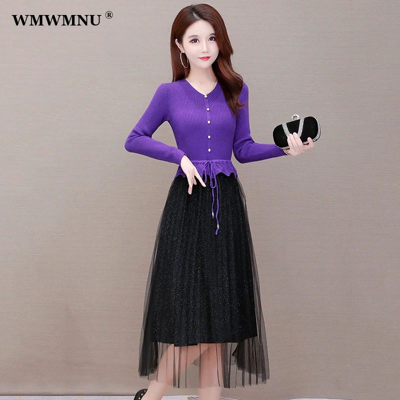 

Лоскутное Сетчатое Плиссированное корейское трикотажное платье, женские повседневные платья-свитеры с длинным рукавом и имитацией двух ча...