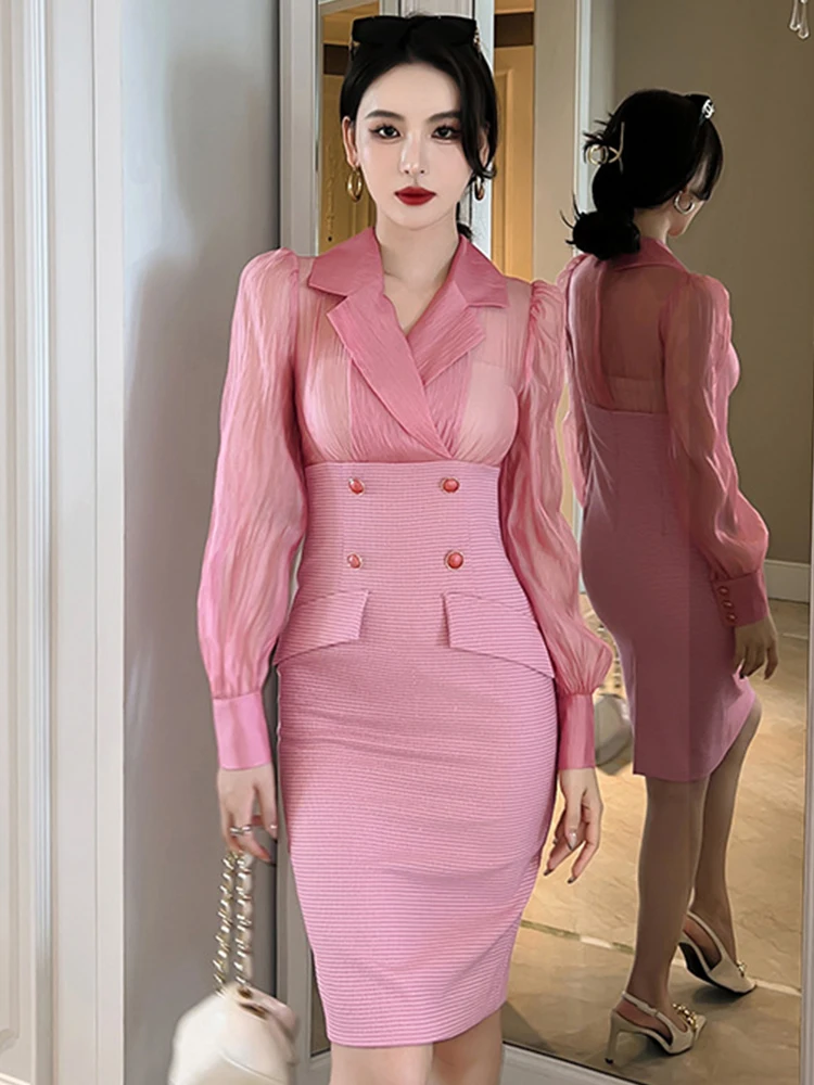 

Spring Sweet Sexy Gentle Elegant Midi Dresses for Women 2023 Perspective Pink Dress Spliced Slit Robe Lady Office Party Vestido