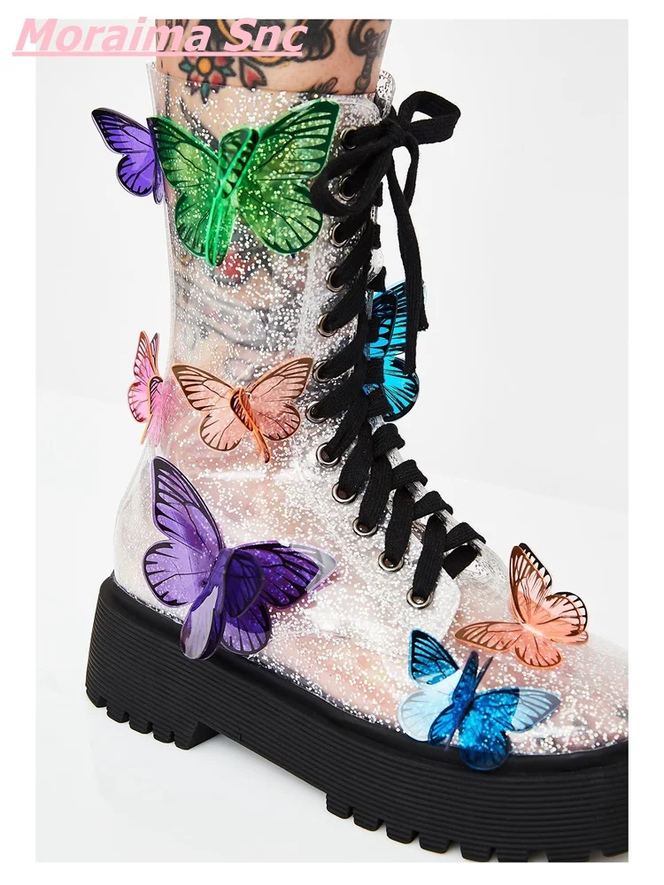 New Transparent PU Mid-Calf Boots Platform Colorful  Butterfly Comfortable Lace Up Round Toe Height Increasing Fashion Hottest