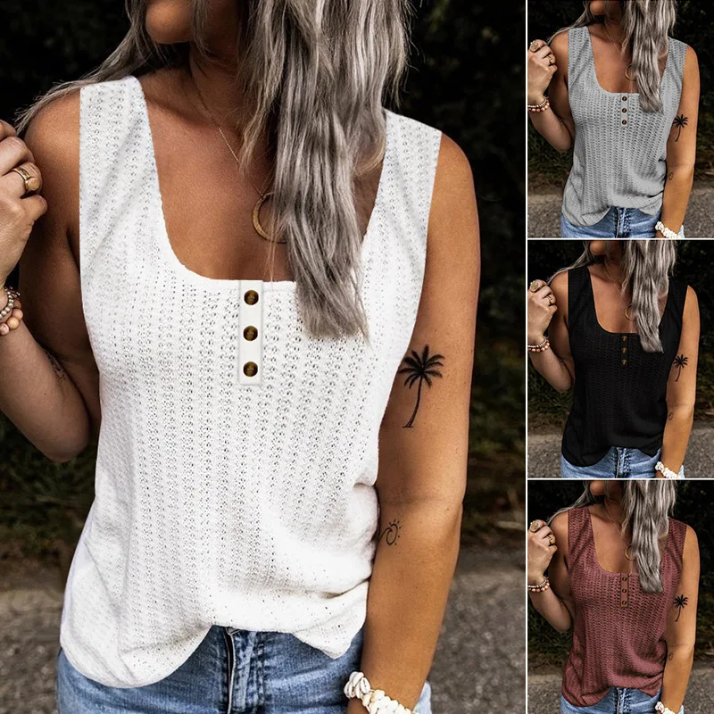 

Women's Summer Casual Solid Color Shirt Tees Shoulder Hollow Out Sexy Vintage Tshirt Sleeveless Tank Clothes S-5XL